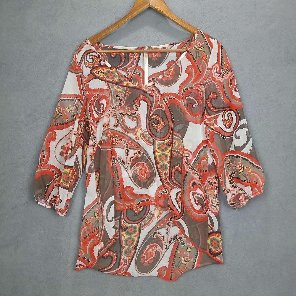 Renee C Chiffon Blouse Top Womens S Red Paisley Lace Trim V Neck High Low Hem